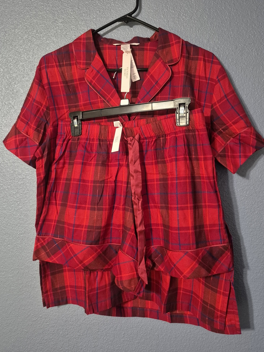 Women Red Plaid Short Sleeve Pajama Top and Shorts Set